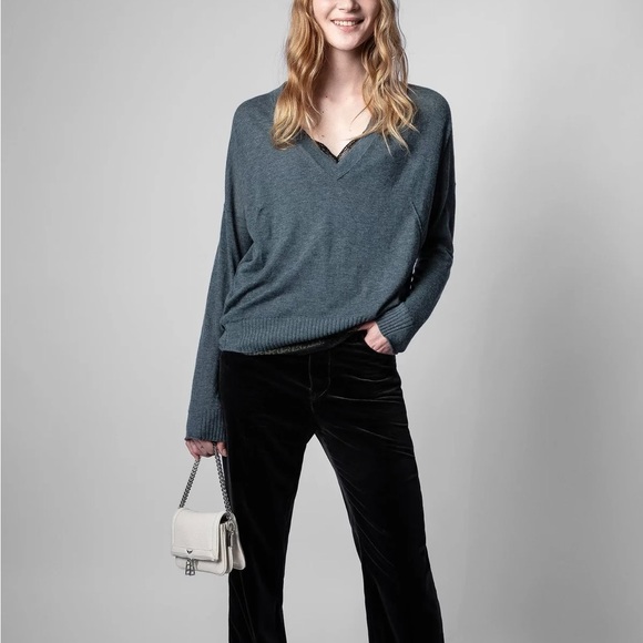 Zadig and Voltaire Brumy Cashmere Perforated Logo V Neck Sweater - Picture 1 of 12